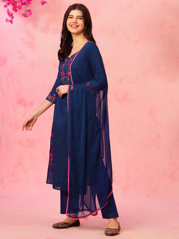 Viral Crafts Premium - Floral Embroidered Aari Work Kurta With Trousers And Dupatta