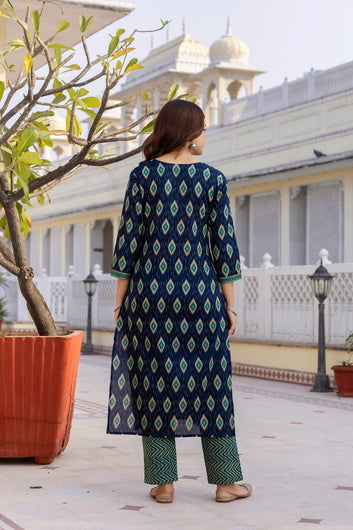Viral Crafts Premium - Geometric Printed V-Neck Straight Kurta With Trousers And Dupatta
