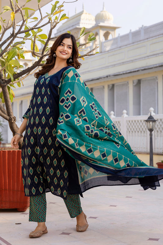 Viral Crafts Premium - Geometric Printed V-Neck Straight Kurta With Trousers And Dupatta