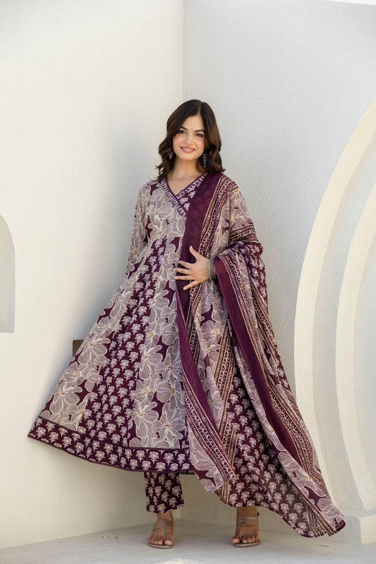 Viral Crafts Premium - Floral Printed Kurta with Pyjama & Dupatta