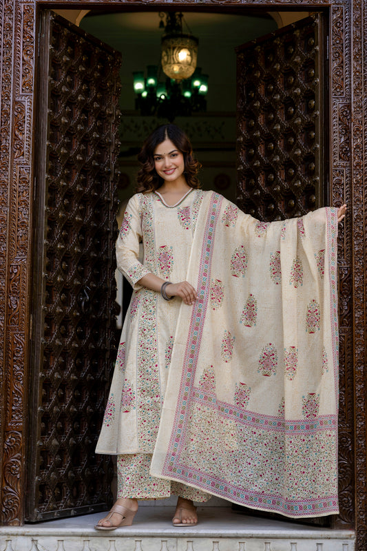 Viral Crafts Premium - Floral Printed V-Neck A-Line Kurta With Trousers & Dupatta