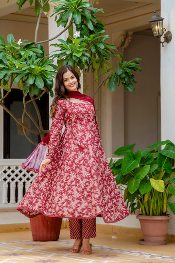 Viral Crafts Premium - Floral Printed Empire Anarkali Aari Work Kurta with Trousers & Dupatta (VC-195)