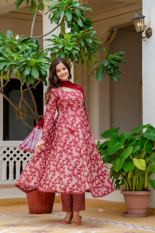 Viral Crafts Premium - Floral Printed Empire Anarkali Aari Work Kurta with Trousers & Dupatta